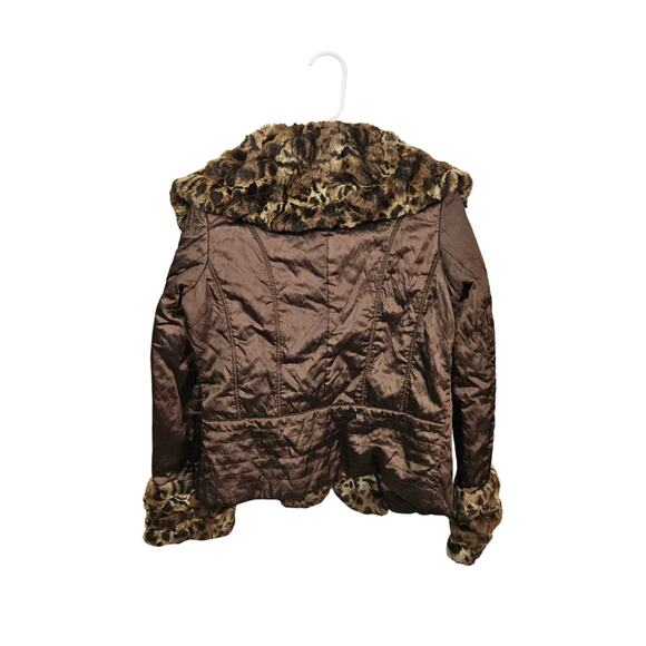 DONNA SALYERS FABULOUS Furs Brown Coat Jacket Faux Fur Trim Small Animal Print - Picture 2 of 9